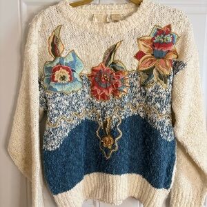 VINTAGE 80s Needles and Yarn embroidered and beaded knitted sweater size S